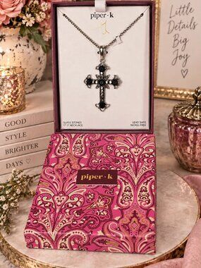Piper K Black Crystal Gothic Cross Necklace NIB 17"